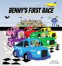 Text: "BENNY'S FIRST RACE", "Banana", "Grape", "Lime", "Benny", "Penny", "Monkey". Illustration von bunten Rennautos und Zuschauern.