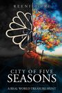 "REENIE EIRE. CITY OF FIVE SEASONS. A REAL WORLD TREASURE HUNT." Eine Frau in roter Jacke vor einem geteilten Baum.