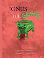 Text: "JONUS THE GECKO." Illustration eines fröhlichen, grünen Geckos auf rotem Hintergrund.