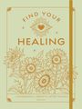 Text: "Find Your Healing. A Workbook for Growth After Trauma. Kiki Ely." Illustration von Sonnenblumen und Herzsymbol.