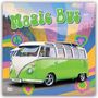 „Magic Bus“, „2027 16-Month Calendar“. Grüner Hippie-Bus, bunte psychedelische Muster, Peace-Zeichen.