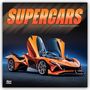 Text: "SUPERCARS", "2027 16-Month Calendar". Ein futuristisches, orangefarbenes Auto mit geöffneten Flügeltüren.