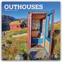 "Outhouses 2027 16-Month Calendar." Zitat von William Shakespeare über Sauberkeit. Eine bunte, malerische Hütte vor Bergen.