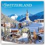 2027 Switzerland, 16-Month Calendar. Schneebedeckte Chalets vor einem Kirchturm, umgeben von Bergen und Tannen.