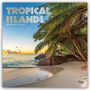 "Tropical Islands 2027 16-Month Calendar." Strand mit Palmen, blauem Himmel und Sonnenuntergang im Hintergrund.