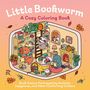 "Little Bookworm: A Cozy Coloring Book. Buchszenen mit Axolotls, Capybaras und anderen kuscheligen Tierchen." 

Eine niedliche Illustration: Ein Faultier auf einer Leiter, Capybara mit Schal, Pinguin lesend in gemütlichem Zimmer.
