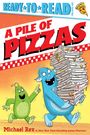 „A Pile of Pizzas“. Zwei fröhliche, pelzige Kreaturen, eine blaue und eine grüne. Die blaue trägt viele Pizzaschachteln.