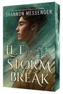 Text: "Shannon Messenger, Let the Storm Break." Eine Illustration zeigt eine nachdenkliche Person, Weizenfelder und ein Windrad.