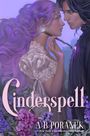 "Cinderspell" und "A. B. Poranek". Zwei Personen stehen sich nahe, die Frau hält einen Stab, umgeben von violetten Blumen.