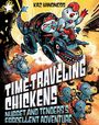 "Time-Traveling Chickens: Nugget and Tenders's Eggcellent Adventure." Zwei Hühner reiten einen Dinosaurier in bunter Illustration.
