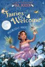 "Fairies Welcome" und "Moonlight Magic" in einer zauberhaften Illustration mit Feen, Blumen und blauem Nachthimmel.