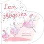 "Love from Angelina" in rosa Schrift, umgeben von Sternen. Drei Mäuse in rosa Ballettkleidern tanzen fröhlich.