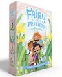 "The Fairy Scout Friends Collection; A magical four-book boxed set! Illustration: Drei fröhliche Feen umgeben von Blumen."