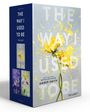 Ein Buchset mit großem Titel: "THE WAY I USED TO BE TRILOGY". Gelbe Blütenblätter auf grauem Hintergrund.