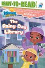 Titel: The Rainy Day Library. Illustration: Zwei Kinder in Regenkleidung vor einer kleinen freien Bibliothek im Regen.