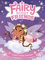 "FAIRY SCOUT FRIENDS" in rosa Schrift, darunter ein fröhlicher kleiner Elf auf einer Wolke mit Blumenkranz.