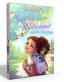„Fairies Welcome: Magical Collection“ von Bea Jackson; lächelndes Kind mit Rucksack und Feenillustrationen.