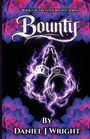 Text: "Book 1 of The Fated Bounty Series, Bounty, By Daniel J Wright." Illustration: Handschellen umgeben von lila Blitzen und blauen Lotusblüten.