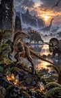Illustration von Dinosauriern in prähistorischer Landschaft mit Wasserfällen, Felsen mit Mustern und fliegenden Pterosauriern.