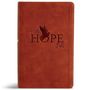 "Here's Hope Bible" in Prägung, Taube im Flug, brauner Lederumschlag.