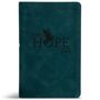"Here's Hope Bible" steht in stilvollen Buchstaben auf dunkelgrünem Hintergrund mit geprägtem Vogelmotiv.