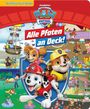 Text: "Verrückte Such-Bilder," "nickelodeon," "Paw Patrol," "Alle Pfoten an Deck!" Logo: Paw Patrol mit fröhlichen Hunden.