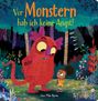 „Vor Monstern hab ich keine Angst!“ Illustration: Ein rotes Monster mit großen Augen steht in einem Wald neben einem Kind.