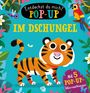 "Entdeckst du mich? POP-UP IM DSCHUNGEL. Mit 5 POP-UP-Überraschungen." Illustration eines lächelnden Tigers.