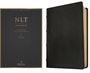 Links: "NLT SELECT LARGE PRINT THINLINE REFERENCE BLACK GOATSKIN." Rechts: Ein Buch mit schwarzem Ledercover.