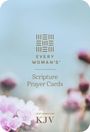 "EVERY WOMAN'S Scripture Prayer Cards, featuring the KJV." Verschwommener Hintergrund mit rosa Blumen und einem geometrischen Logo.