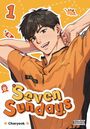 "Seven Sundays" und "1" in leuchtenden Farben, ein lächelnder junger Mann in orangefarbener Uniform mit dem Namensschild "T. Kang".