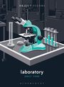 "OBJECT LESSONS", "laboratory", "EMILY YORK". Illustration eines Labors mit Mikroskop, Reagenzgläsern und Messzylinder.