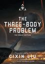 Der Text sagt: "The Three-Body Problem: The Comic Edition". Es zeigt eine düstere, futuristische Landschaft mit einem Planeten.