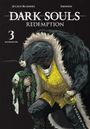"DARK SOULS REDEMPTION 3 MASKERADE" ein maskierter Krieger in gelbem Wams hält eine grün gekleidete Figur.