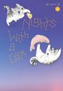 „Nights With a Cat“ in gelber Punkt-Buchstaben-Schrift, zeigt zwei verspielte Katzen und Spielzeug vor einem Abendhimmel.