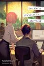 Text: "See You at That Site of Grace After Work." Zwei Menschen in einem Büro, sie blicken auf einen leuchtenden Baum draußen.