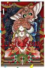 „Hoku Tomose“, „1“, „Liste Rouge“. Eine Illustration einer Frau in rotem Kleid, von einer Tierfigur mit großen Ohren umarmt.