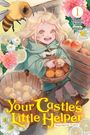 „Your Castle's Little Helper“, „Please feed me. I'll work!“. Illustration eines lächelnden Kindes mit Korb, umgeben von Blumen.