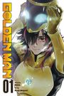 „Golden Man 01“. Illustration: Eine Person mit gelben Schutzanzug hebt Helm, enthüllt rotes Auge, schwarze Haare mit roten Strähnen.
