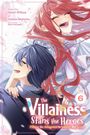 "The Villainess Stans the Heroes" steht in großen Buchstaben. Zwei lachende Figuren, Frau mit rotem und Mann mit blauem Haar.