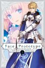 Text: "Fate/Prototype: Fragments of Sky Silver". Illustration: Blondhaariger Ritter in Rüstung vor Gesicht einer Frau mit blauen Augen.