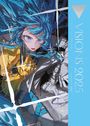 "VISIONS 2025". Buntes Anime-Motiv. Frau mit blauem Haar und goldenen Handschuhen, dramatische Pose.