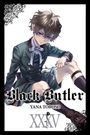 „Black Butler, Yana Toboso, XXXV“. Junge in Schuluniform, sitzt mit ernstem Blick, trägt Kniestrümpfe und hält Blumen.