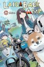 Text: "Yurucamp" und "COVER NOT FINAL". Illustration von zwei Mädchen mit Mopeds und einem lächelnden Hund.
