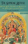 "The Supreme Refuge: History, Myths, Worship, and Meanings of the Hindu Great Goddess, Durga" von Hillary P. Rodrigues, Volume 2. 
Eine bunte Illustration von der Göttin Durga, die auf einem Löwen reitet, umgeben von weiteren Figuren.