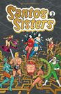 "Santos Sisters VOL 2": Comic-Stil, bunte Superhelden und Figuren vor einem Labyrinth-Hintergrund.