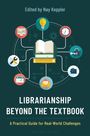 Cover "Librarianship Beyond the Textbook", Illustration mit Buch in der Mitte, umgeben von Symbolen wie Glühbirne und Schloss.
