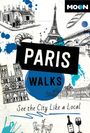 Paris Walks, See the City Like a Local. Skizzen vom Eiffelturm, Notre-Dame und Cafés, mit blauen Klecksen und einem Logo.
