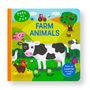 Text: "Peek and Pop", "FARM ANIMALS", "A pop-up surprise on every page". Illustration von Bauernhoftieren und Landschaft.
