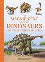 Buchtitel in Orange: "The Magnificent Book of Dinosaurs and Other Prehistoric Creatures". Dinosaurier-Illustrationen.